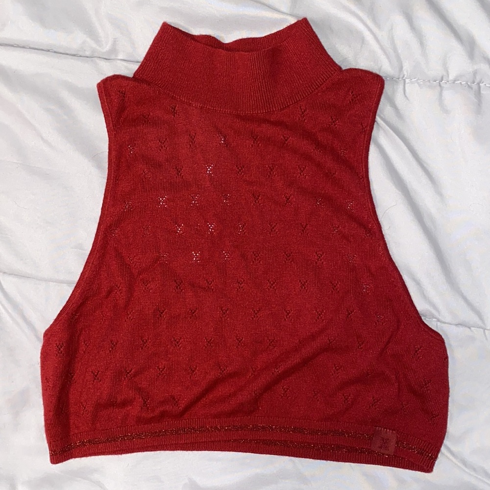 Knit top with logo print, cropped, dark red
